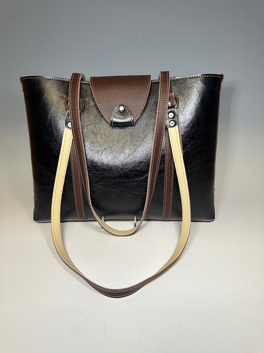 TOTE LEATHER SHOULDER BAG BLACK WITH BURGUNDY TRIM II285