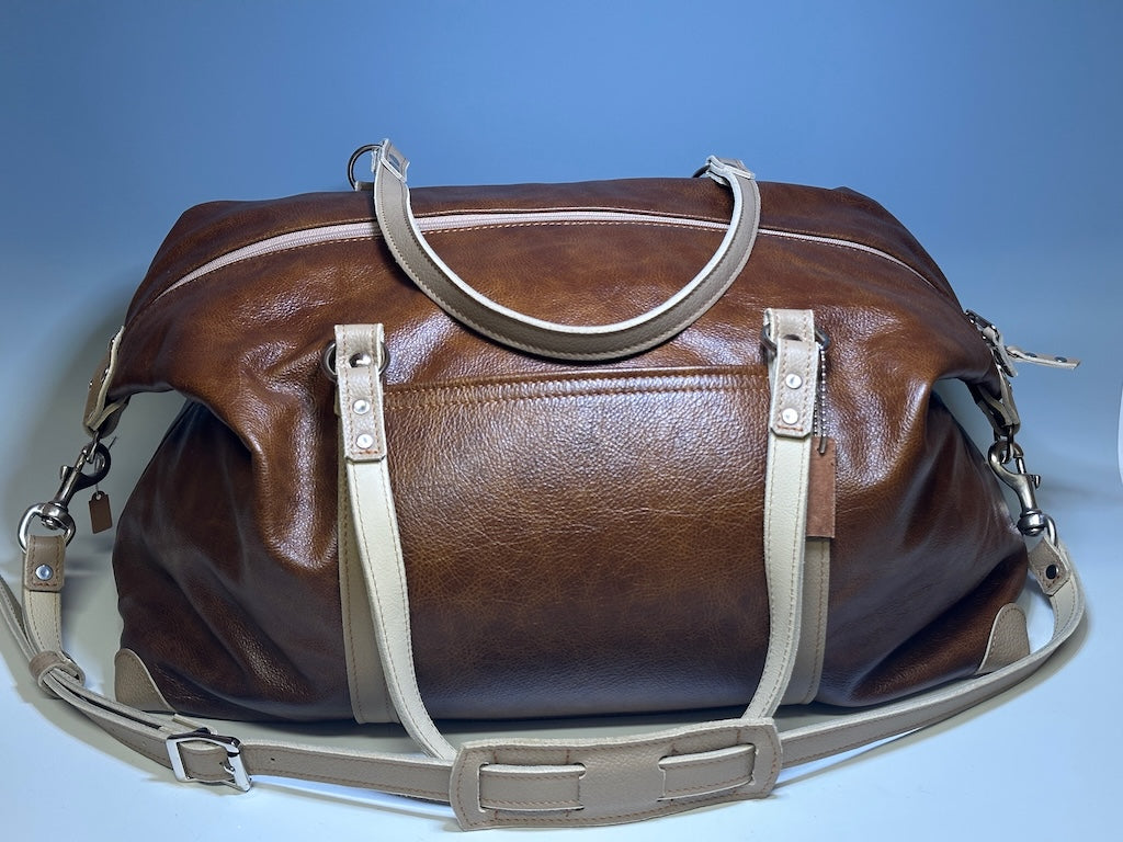 DISTRESSED COGNAC SOFT LEATHER TRAVEL BAG W/DOUBLE STRAP AND CROSSBODY STRAP II288