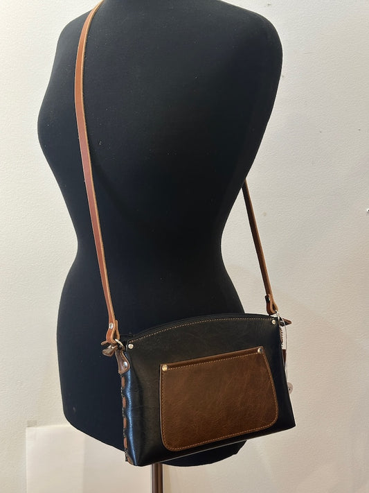 BLACK/BROWN LEATHER SMALL ZIPPER HANDBAG WITH EXTERNAL POCKET II301B