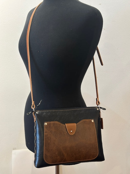 MEDIUM BLACK/BROWN LEATHER ZIPPER HANDBAG WITH EXTERNAL POCKET II302