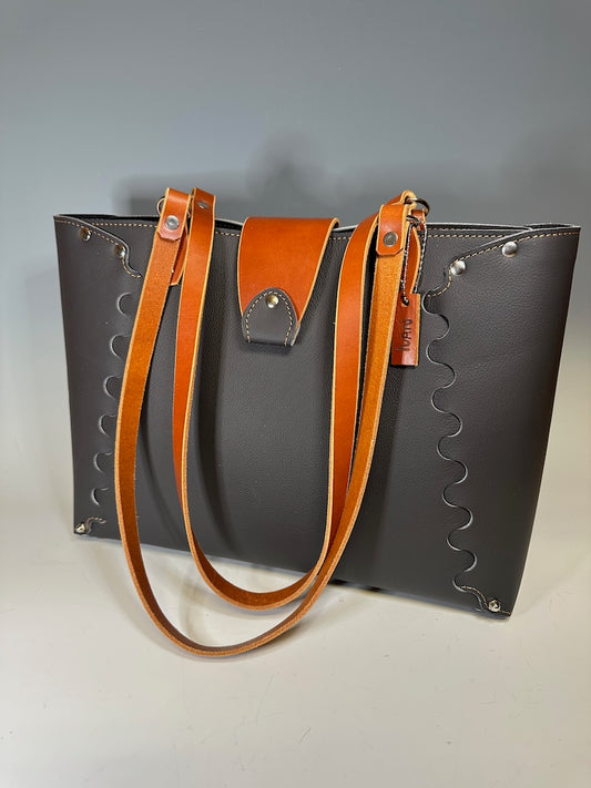CHARCOAL LEATHER INTERLOCK TOTE II307