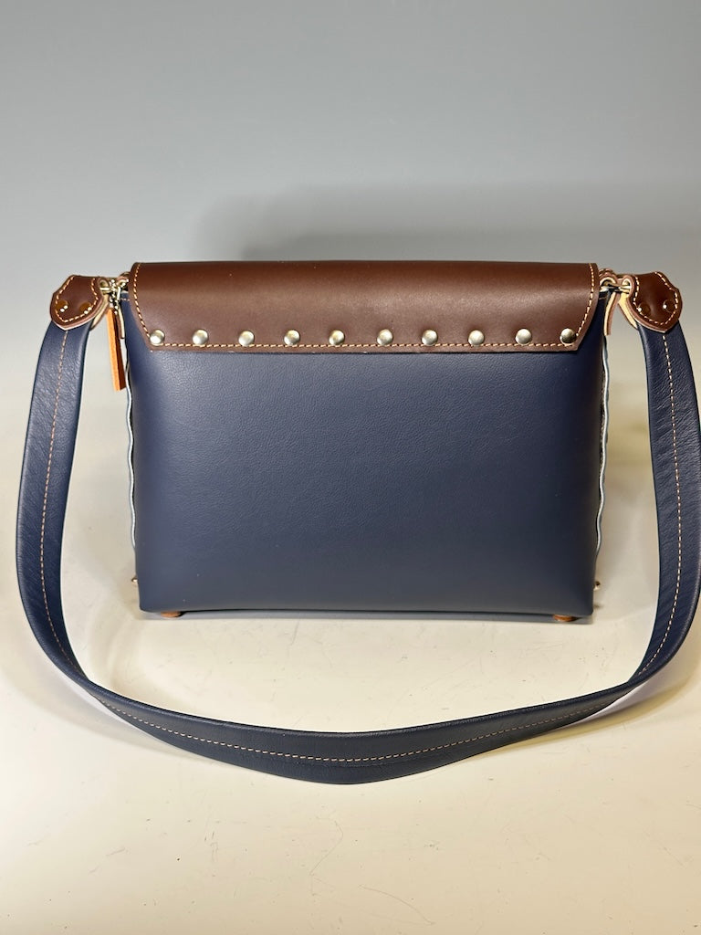 NAVY BLUE WITH BURGUNDY TRIM LEATHER FLAP BAG II314