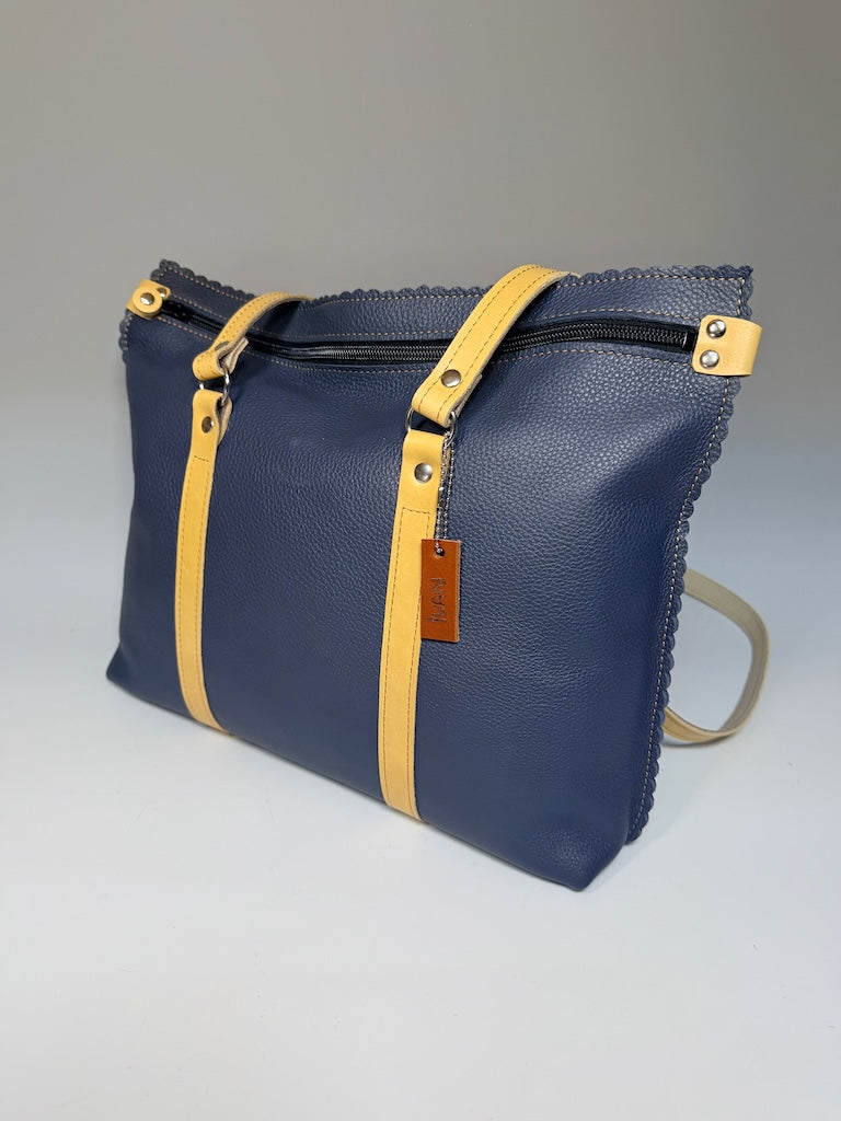 BLUE LEATHER ZIP TOTE WITH SCALLOPED EDGES AND YELLOW TRIM II326