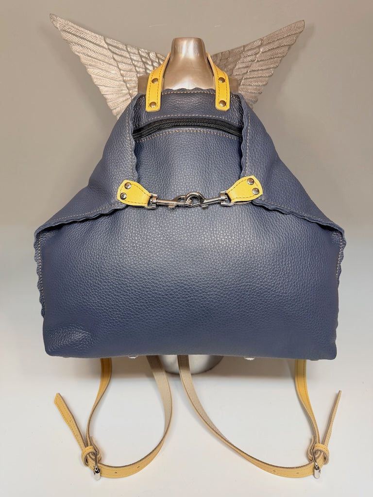LARGE BLUE LEATHER BACKPACK WITH SCALLOPED EDGES AND YELLOW TRIM - II327