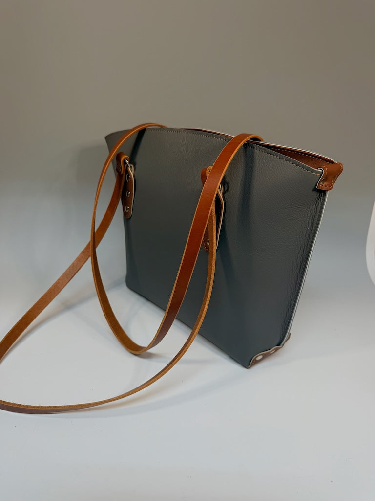 DARK GREY LEATHER BUCKET ZIP TOTE WITH BROWN SHOULDER STRAPS II344