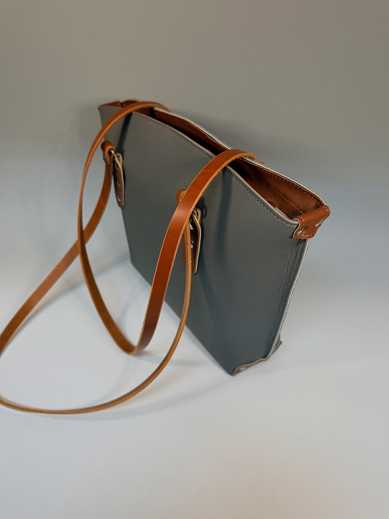 DARK GREY LEATHER BUCKET ZIP TOTE WITH BROWN SHOULDER STRAPS II344