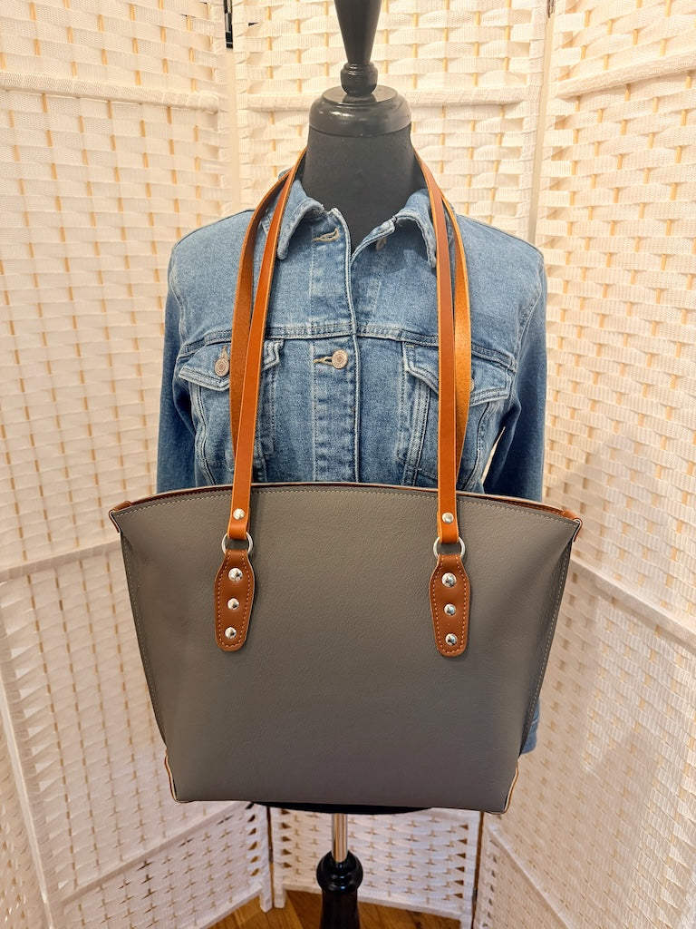 DARK GREY LEATHER BUCKET ZIP TOTE WITH BROWN SHOULDER STRAPS II344