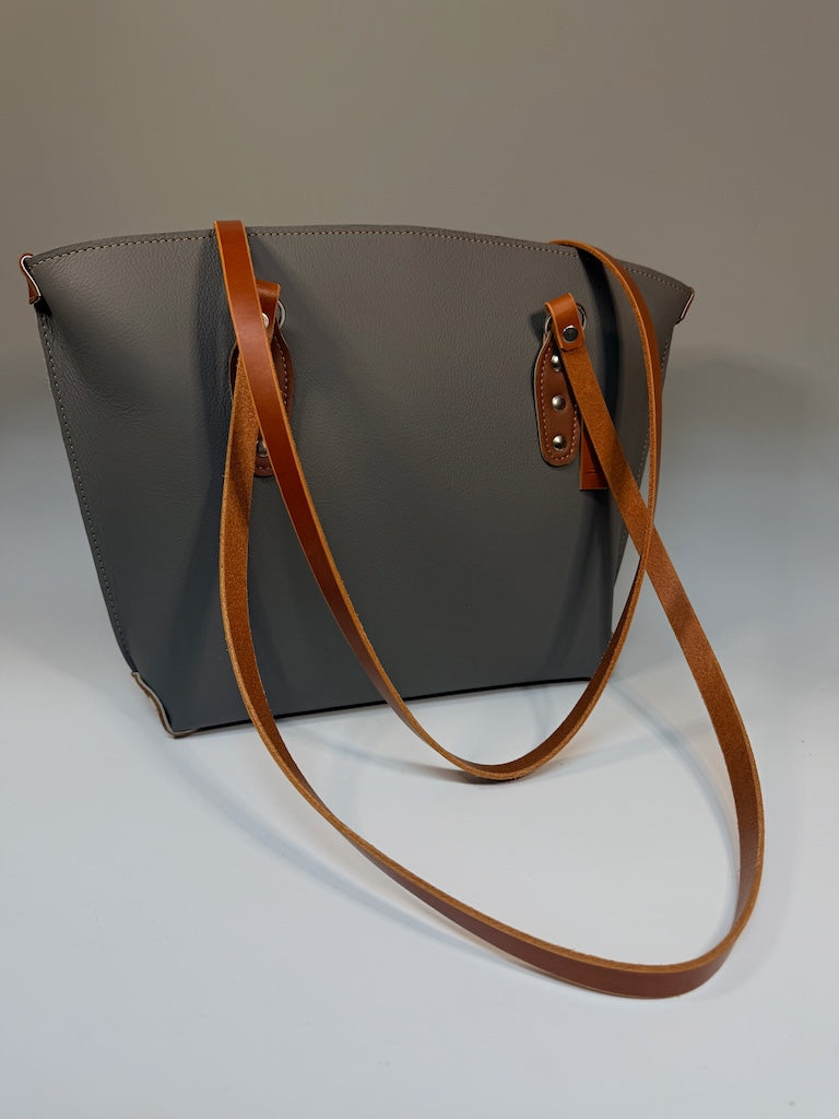 DARK GREY LEATHER BUCKET ZIP TOTE WITH BROWN SHOULDER STRAPS II344
