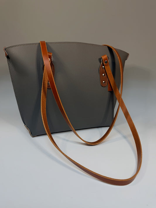 DARK GREY LEATHER BUCKET ZIP TOTE WITH BROWN SHOULDER STRAPS II344