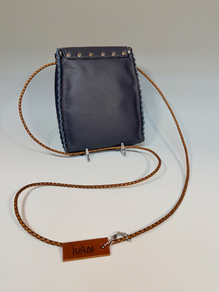 NAVY LEATHER PHONE BAG WITH FLAP TOP - II348