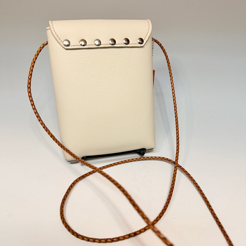 SMALL IVORY LEATHER CELL PHONE BAG WITH RIVET ACCENTS AND SNAP FLAP TOP - II349
