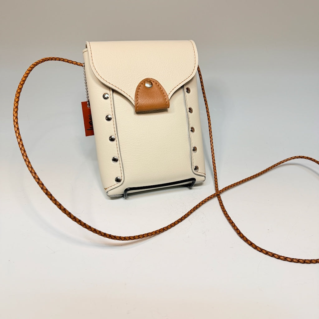 SMALL IVORY LEATHER CELL PHONE BAG WITH RIVET ACCENTS AND SNAP FLAP TOP - II349