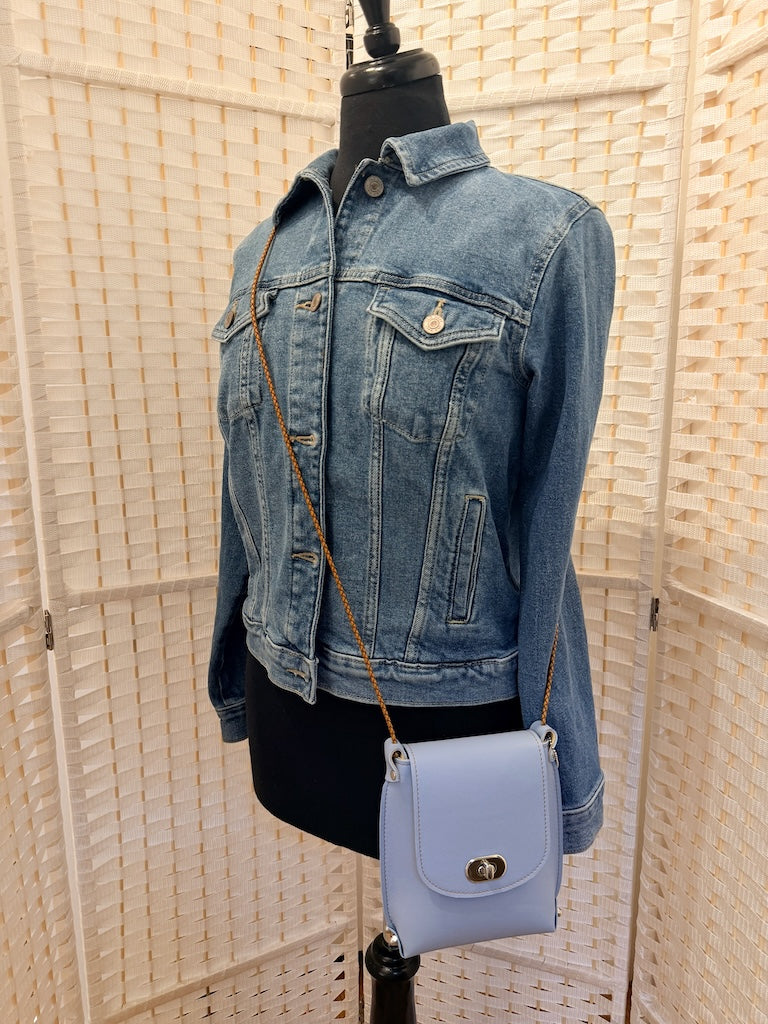 SKY BLUE LEATHER PHONE BAG WITH FLAP TOP - II352