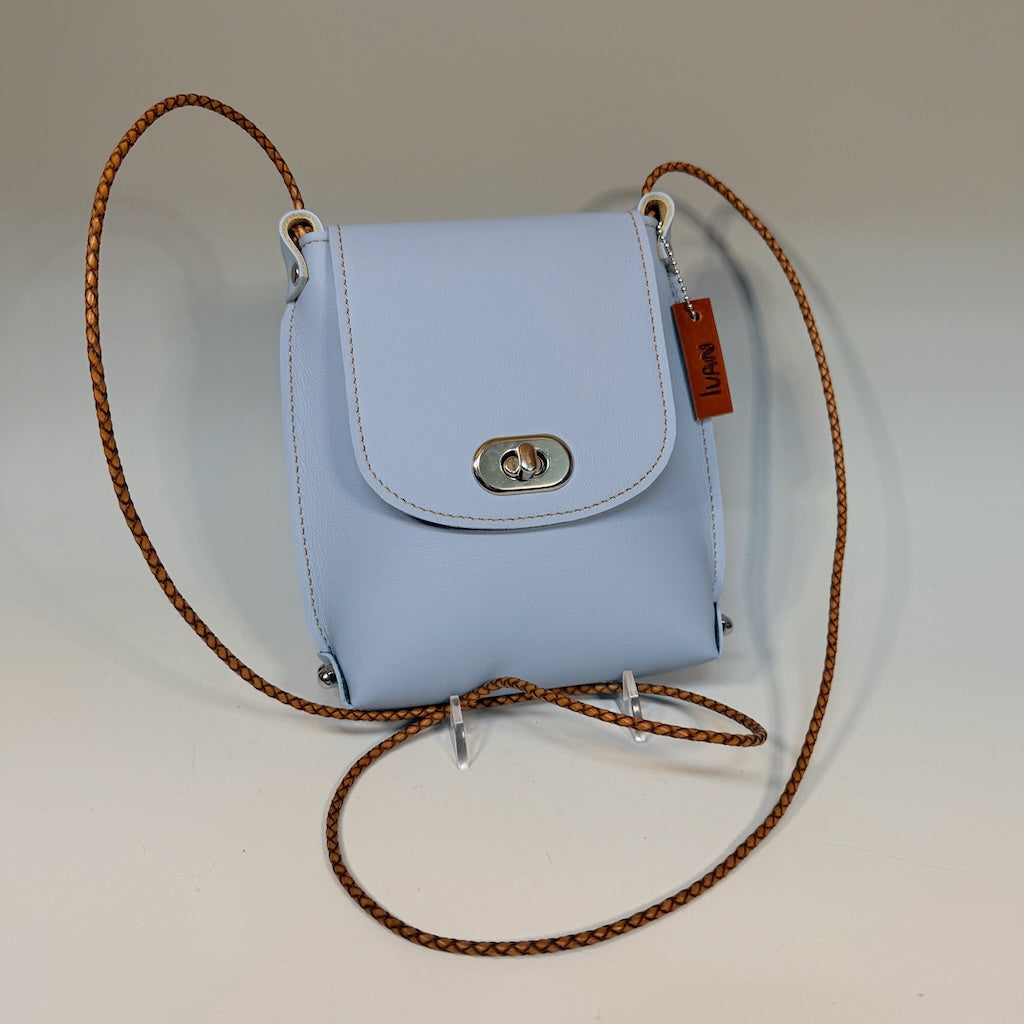 SKY BLUE LEATHER PHONE BAG WITH FLAP TOP - II352