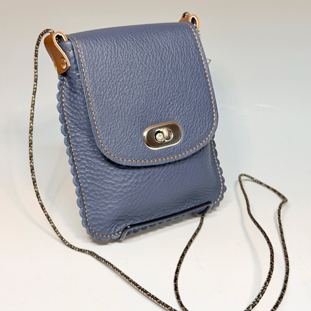 NAVY BLUE LEATHER PHONE BAG WITH FLAP CLOSURE - II353B