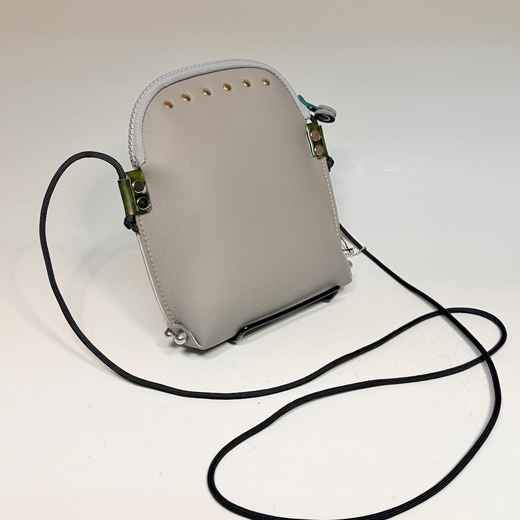 GREY LEATHER PHONE BAG WITH ZIPPER TOP CLOSURE - II354