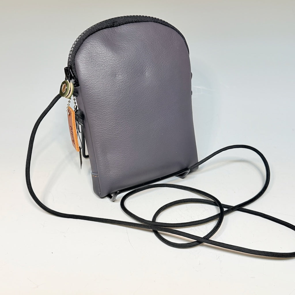 DARK GREY LEATHER PHONE BAG WITH ZIPPER TOP CLOSURE - II355