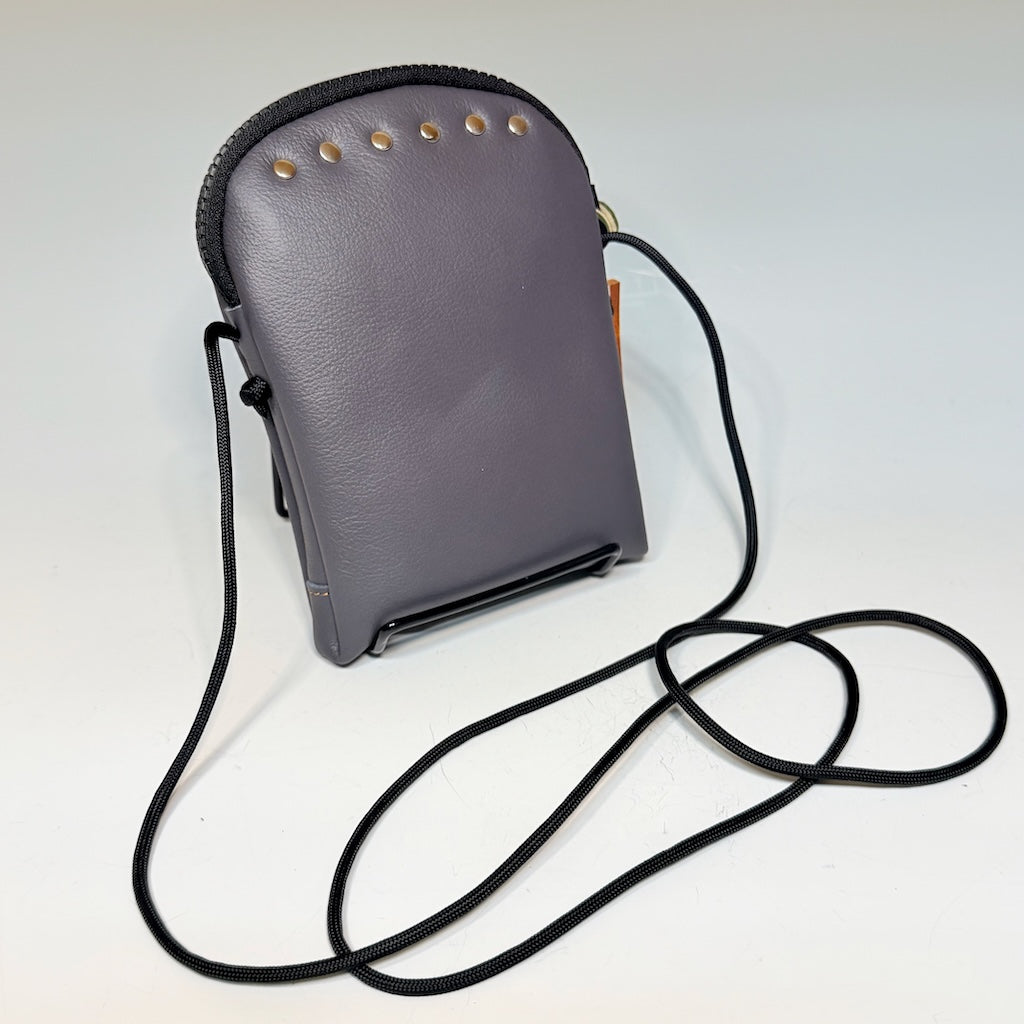 DARK GREY LEATHER PHONE BAG WITH ZIPPER TOP CLOSURE - II355