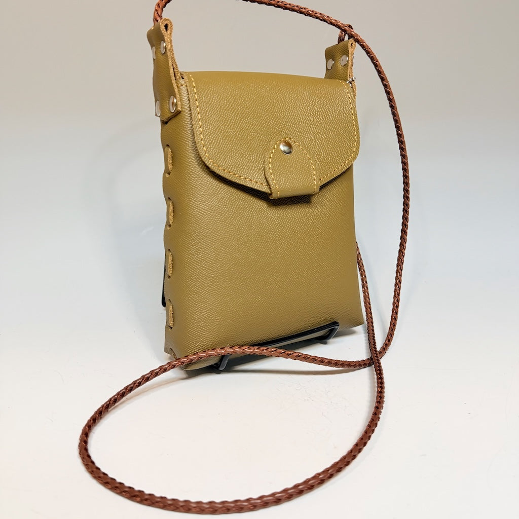 LODEN LEATHER CELL PHONE BAG WITH LACED SIDES AND SNAP FLAP TOP - II356