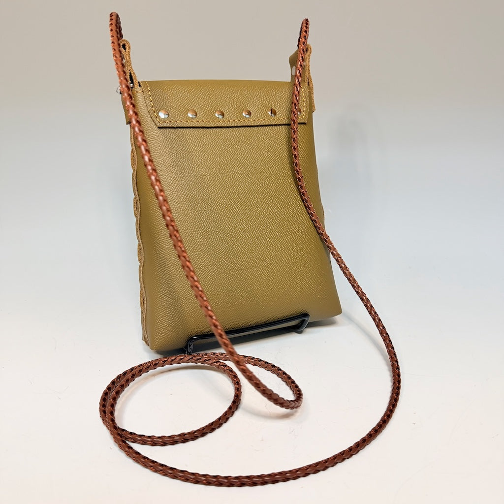 LODEN LEATHER CELL PHONE BAG WITH LACED SIDES AND SNAP FLAP TOP - II356