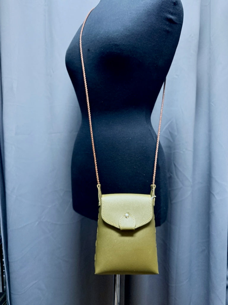 LODEN LEATHER CELL PHONE BAG WITH LACED SIDES AND SNAP FLAP TOP - II356