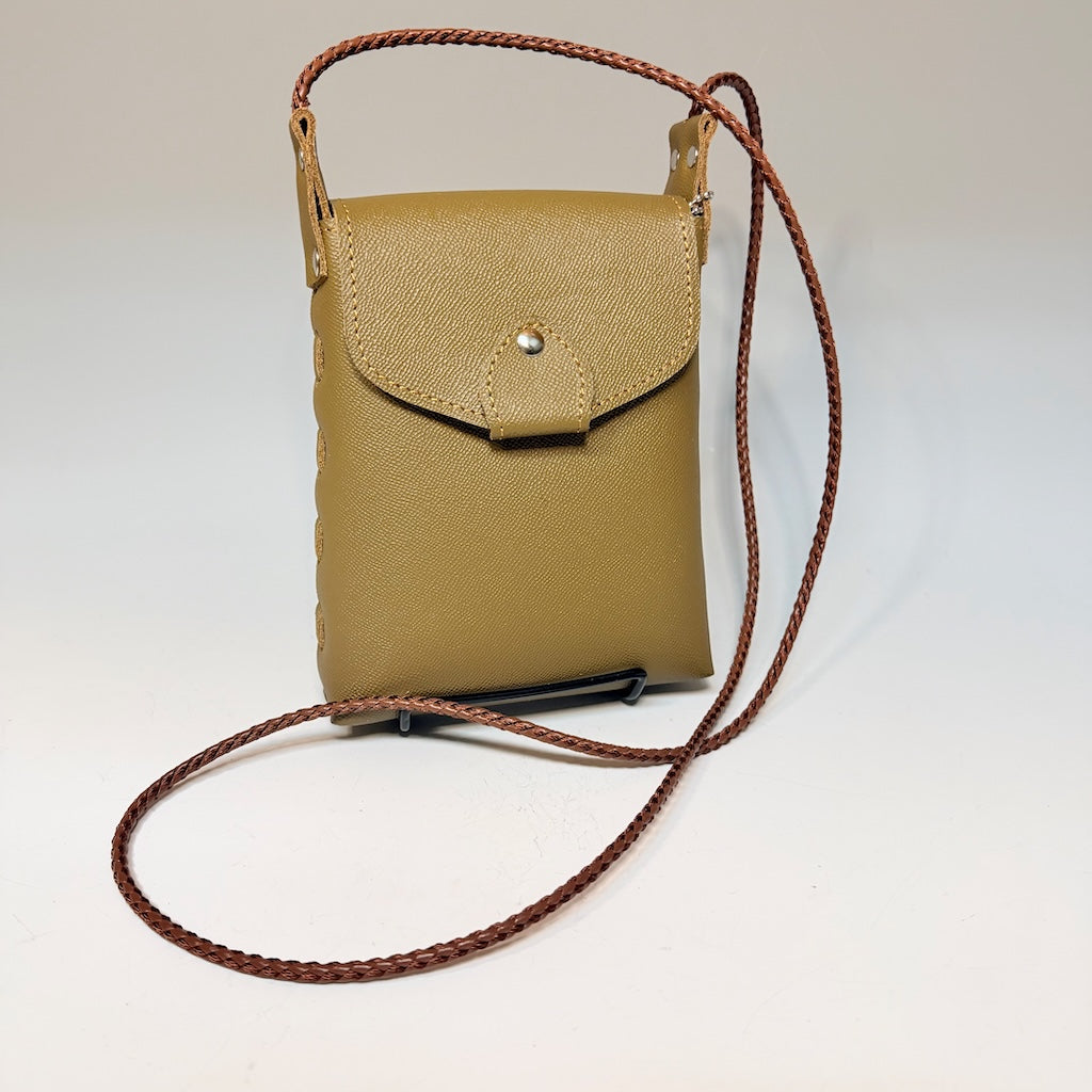 LODEN LEATHER CELL PHONE BAG WITH LACED SIDES AND SNAP FLAP TOP - II356