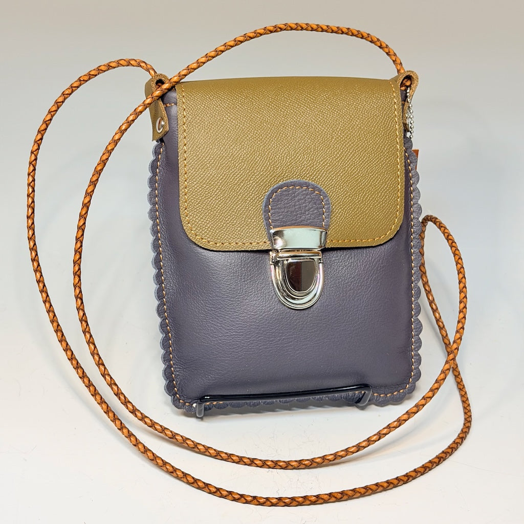 BLUE LEATHER CELL PHONE BAG WITH SCALLOPED EDGES AND FLAP TOP - II357B