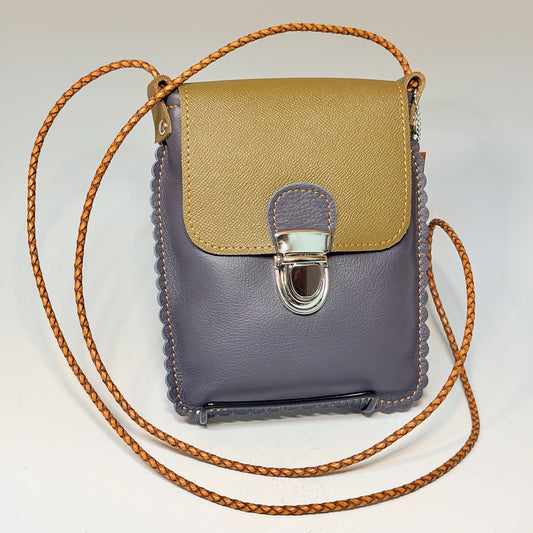 BLUE LEATHER CELL PHONE BAG WITH SCALLOPED EDGES AND FLAP TOP - II357B