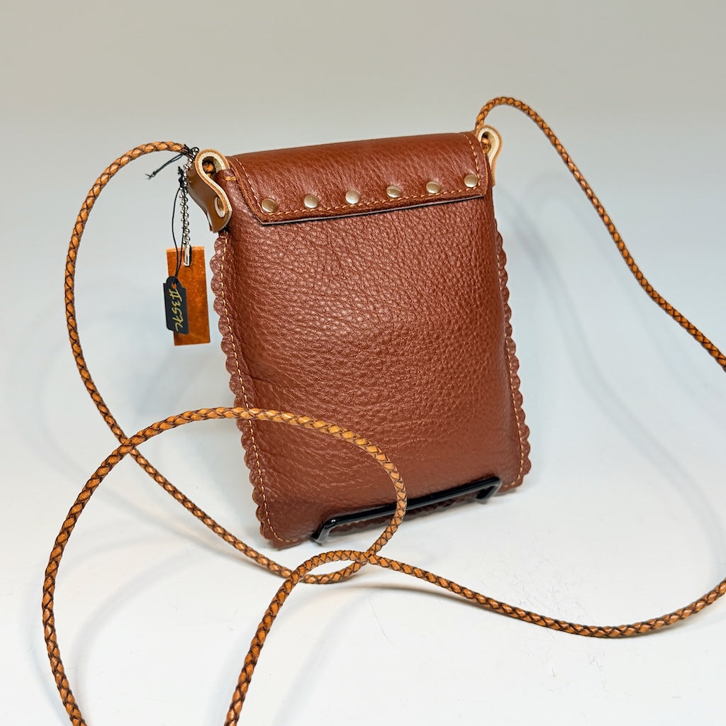 CHOCOLATE LEATHER PHONE BAG WITH SCALLOPED EDGES & FLAP CLOSURE - II357C