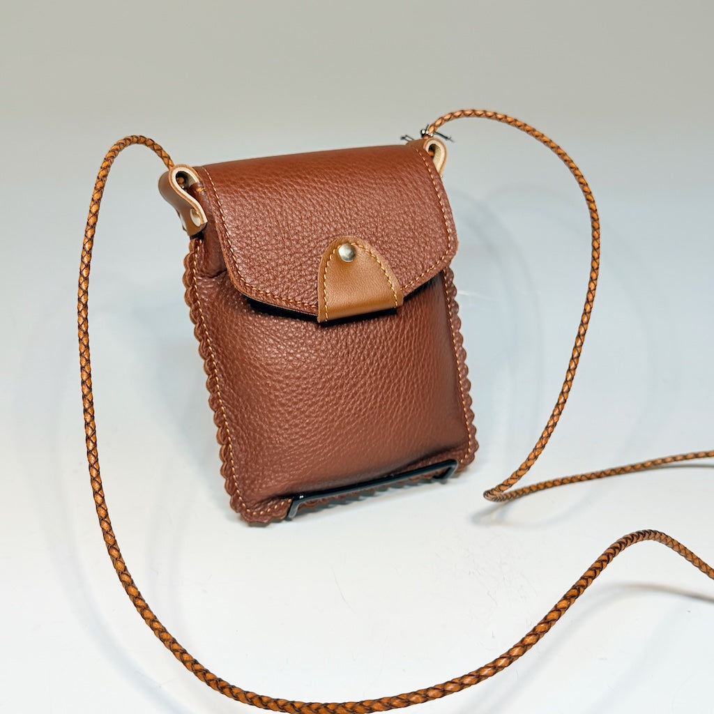 CHOCOLATE LEATHER PHONE BAG WITH SCALLOPED EDGES & FLAP CLOSURE - II357C