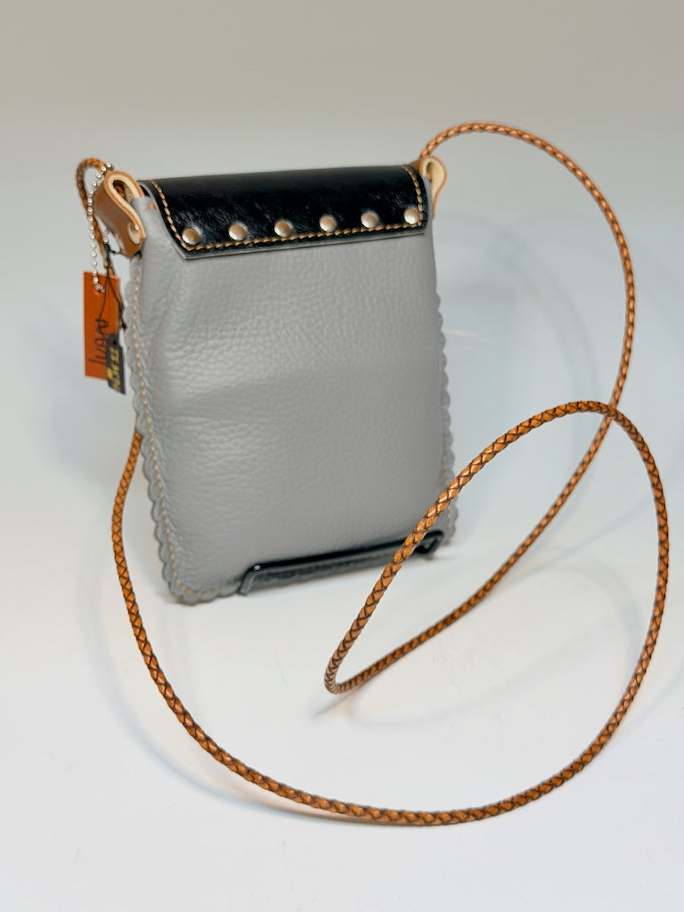 DARK GREY LEATHER PHONE BAG WITH SCALLOPED EDGES AND BLACK FLAP - II357G