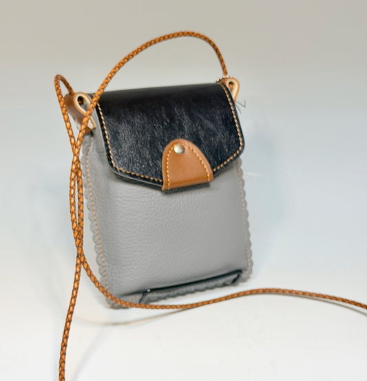 DARK GREY LEATHER PHONE BAG WITH SCALLOPED EDGES AND BLACK FLAP - II357G