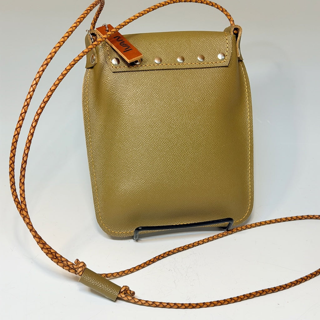 LODEN LEATHER CELL PHONE BAG WITH SCALLOPED EDGES AND FLAP TOP - II357L
