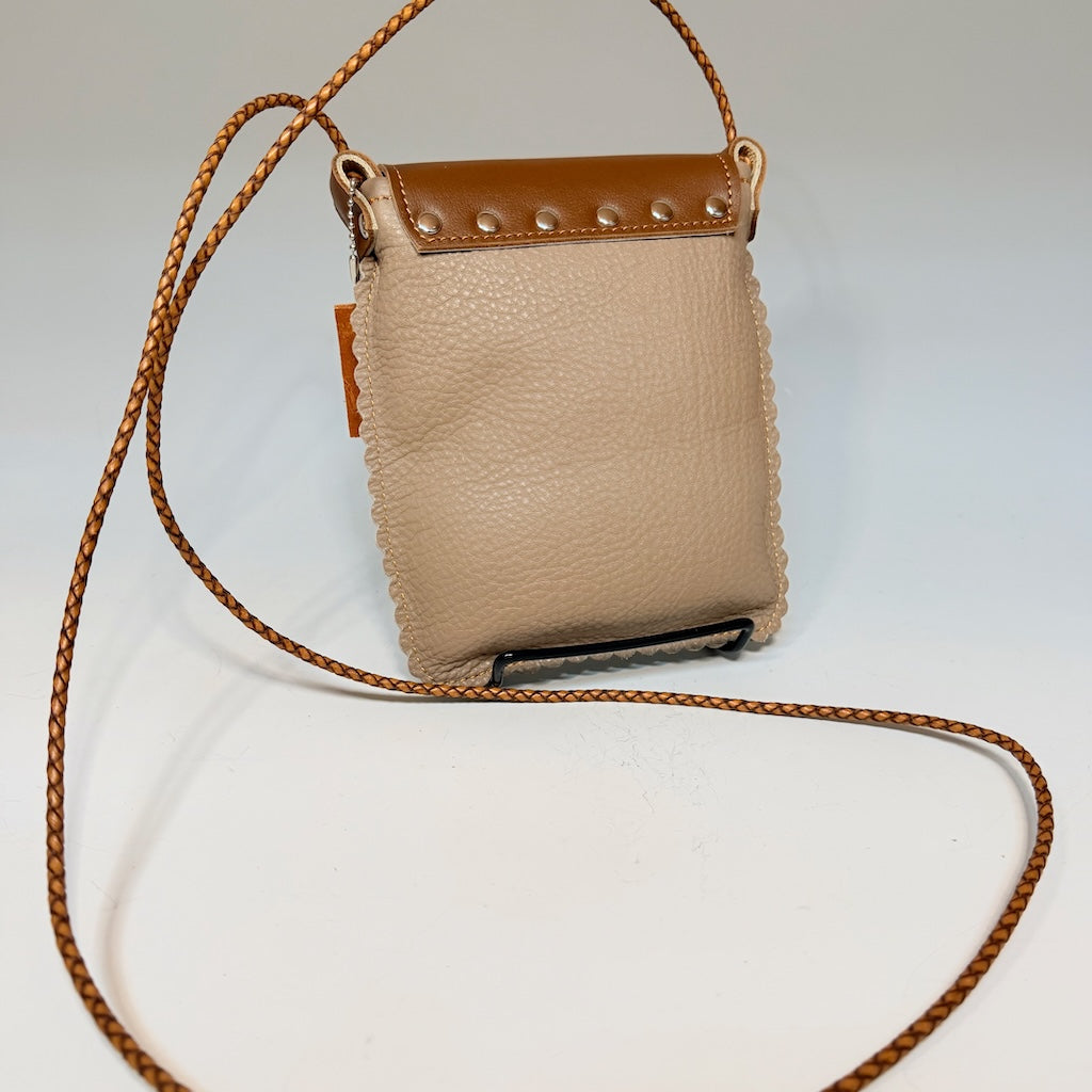 TAUPE LEATHER CELL PHONE BAG WITH SCALLOPED EDGES AND FLAP TOP - II357T