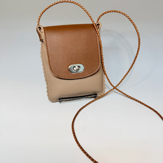 TAUPE LEATHER CELL PHONE BAG WITH SCALLOPED EDGES AND FLAP TOP - II357T
