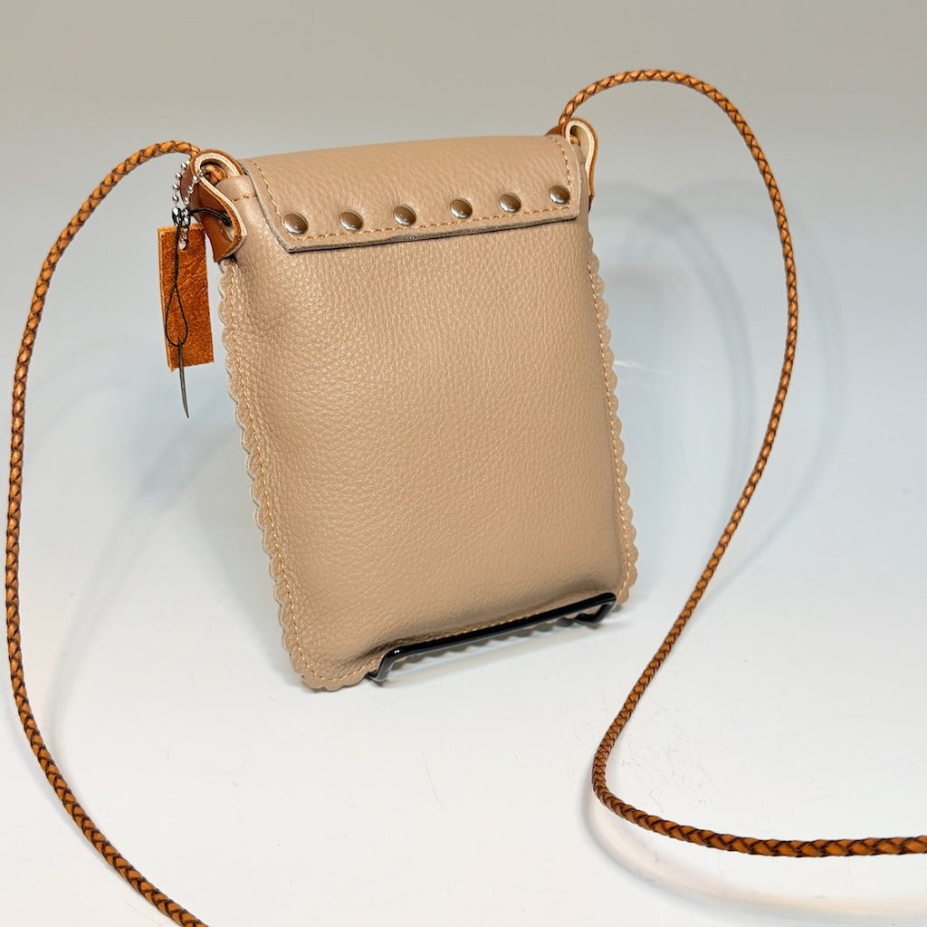 TAUPE LEATHER PHONE BAG WITH SCALLOPED EDGES & FLAP CLOSURE - II357T2