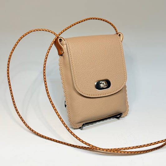 TAUPE LEATHER PHONE BAG WITH SCALLOPED EDGES & FLAP CLOSURE - II357T2