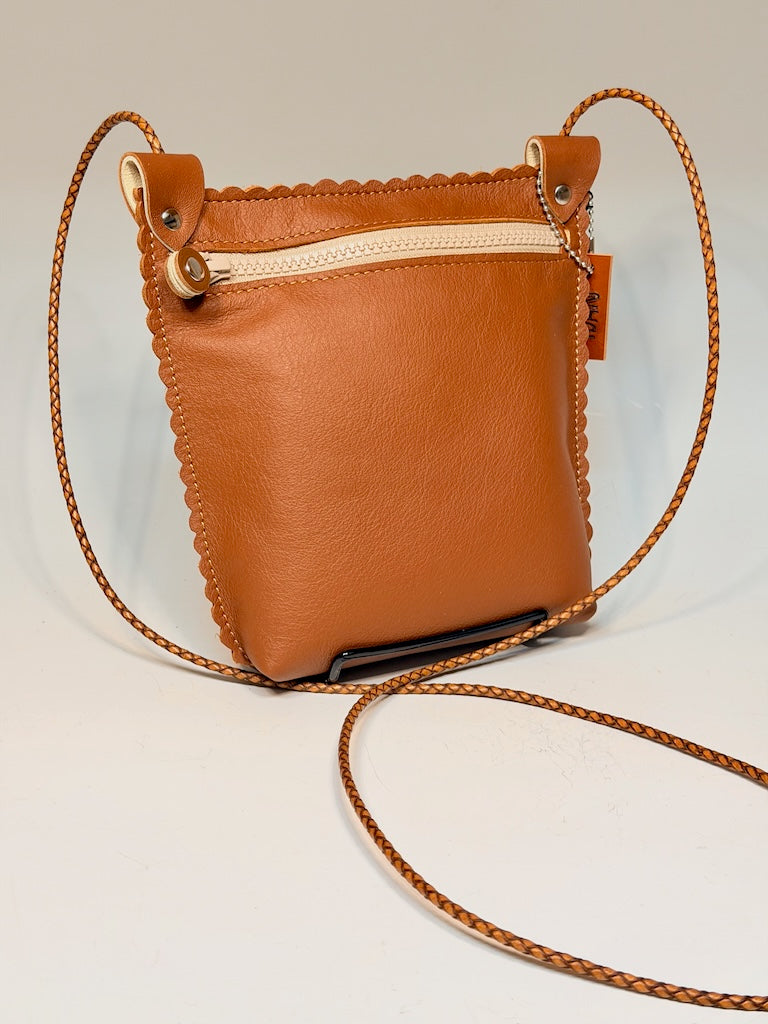 RUST LEATHER PHONE POUCH WITH SCALLOPED EDGES AND ZIP TOP - II358R