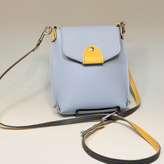 SMALL SKY BLUE LEATHER BAG WITH YELLOW TRIM AND FLAP TOP - II359