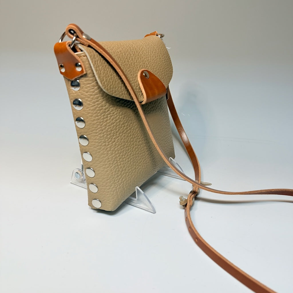 TAUPE RIVETED FLAP PHONE BAG WITH MAGNETIC FRONT CLOSURE II361T