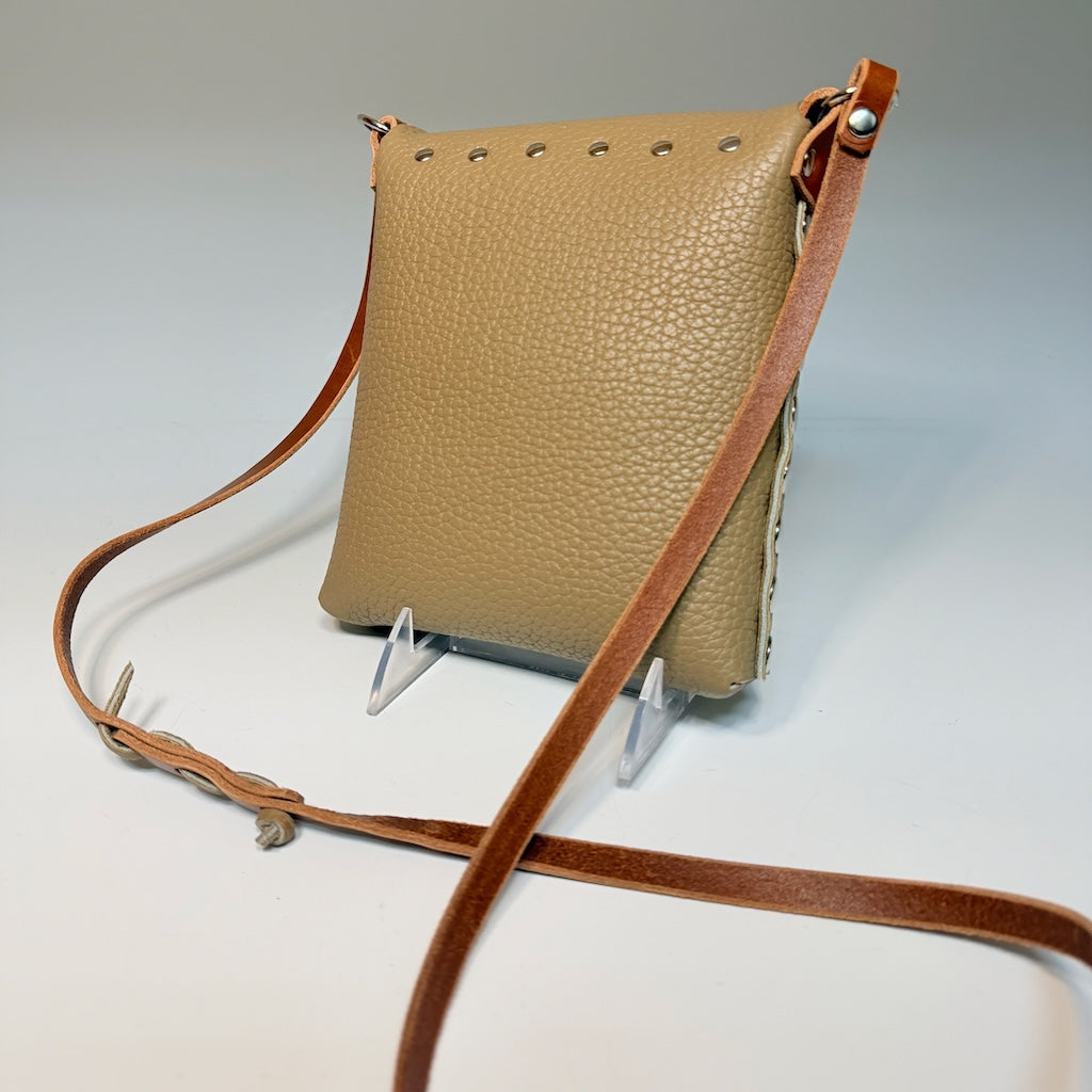 TAUPE RIVETED FLAP PHONE BAG WITH MAGNETIC FRONT CLOSURE II361T