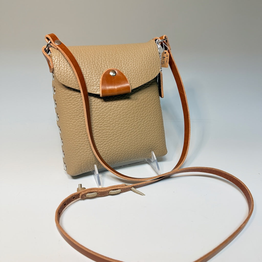TAUPE RIVETED FLAP PHONE BAG WITH MAGNETIC FRONT CLOSURE II361T