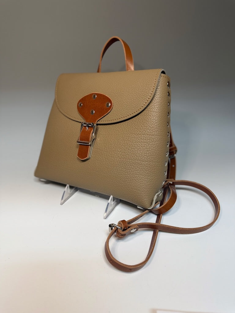 SMALL TAUPE WATERPROOF RIVETED LEATHER BACKPACK II404