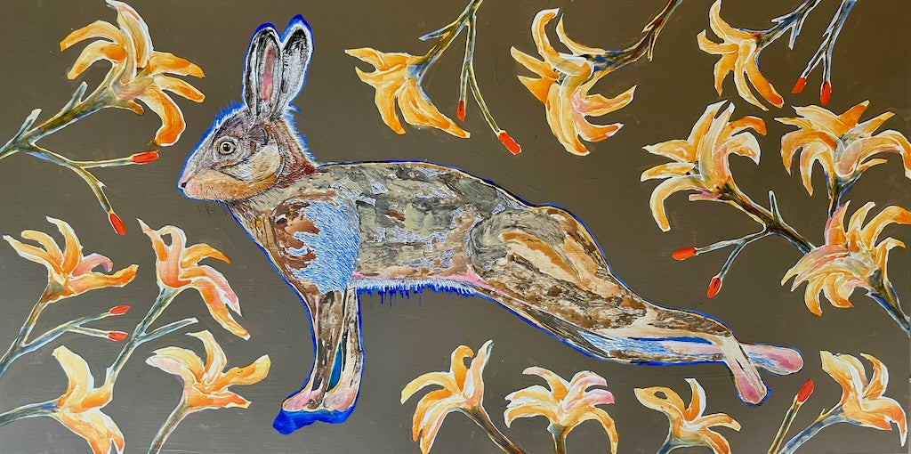 "HARE OF THE LILLIE'S" ORIGINAL MIXED MEDIA ON BOARD