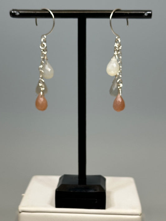 TRIPLE MOONSTONE AND STERLING SILVER EARRINGS  LCE599