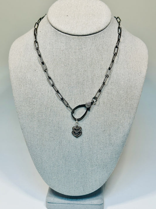 OXIDIZED STERLING SILVER AND DIAMOND LARGE LOBSTER CLASP AND DOULBE HEART STATEMENT NECKLACE LCN2017