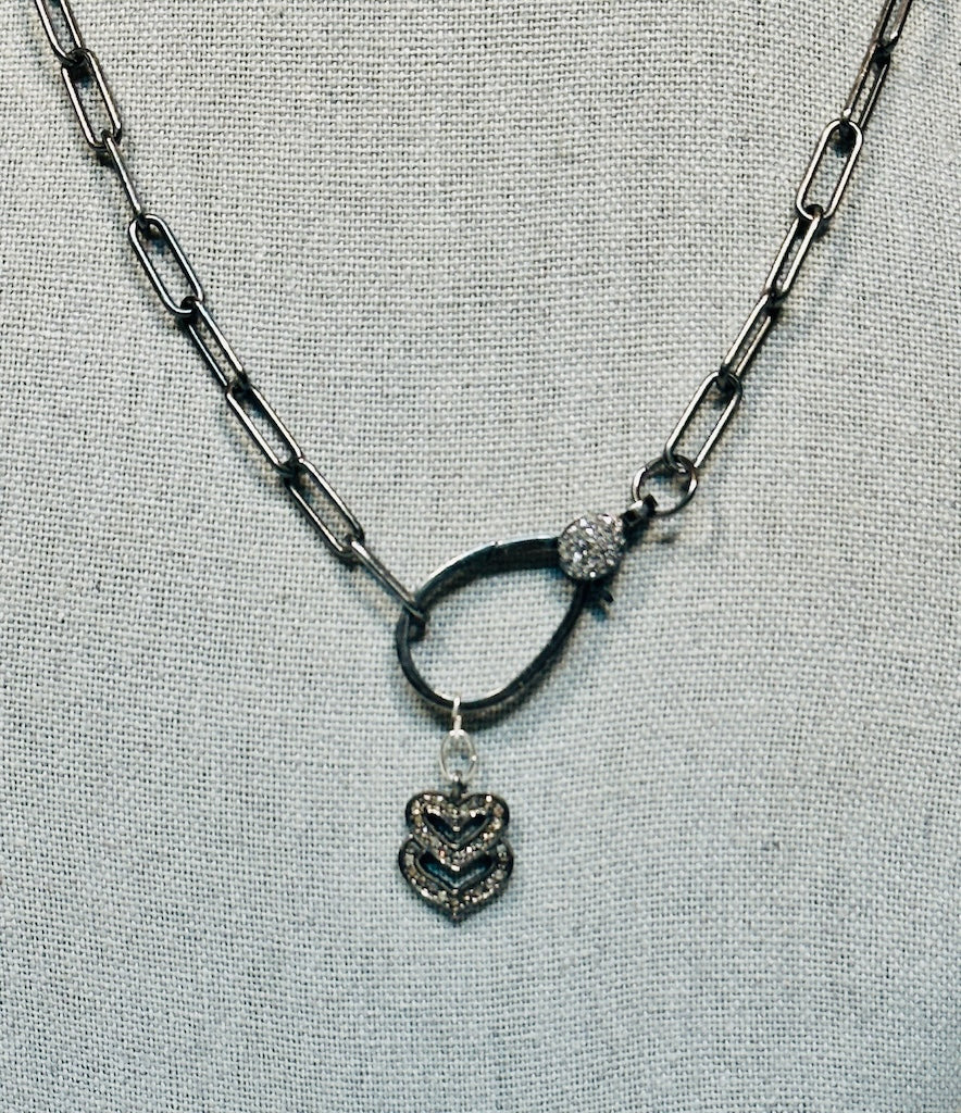 OXIDIZED STERLING SILVER AND DIAMOND LARGE LOBSTER CLASP AND DOULBE HEART STATEMENT NECKLACE LCN2017