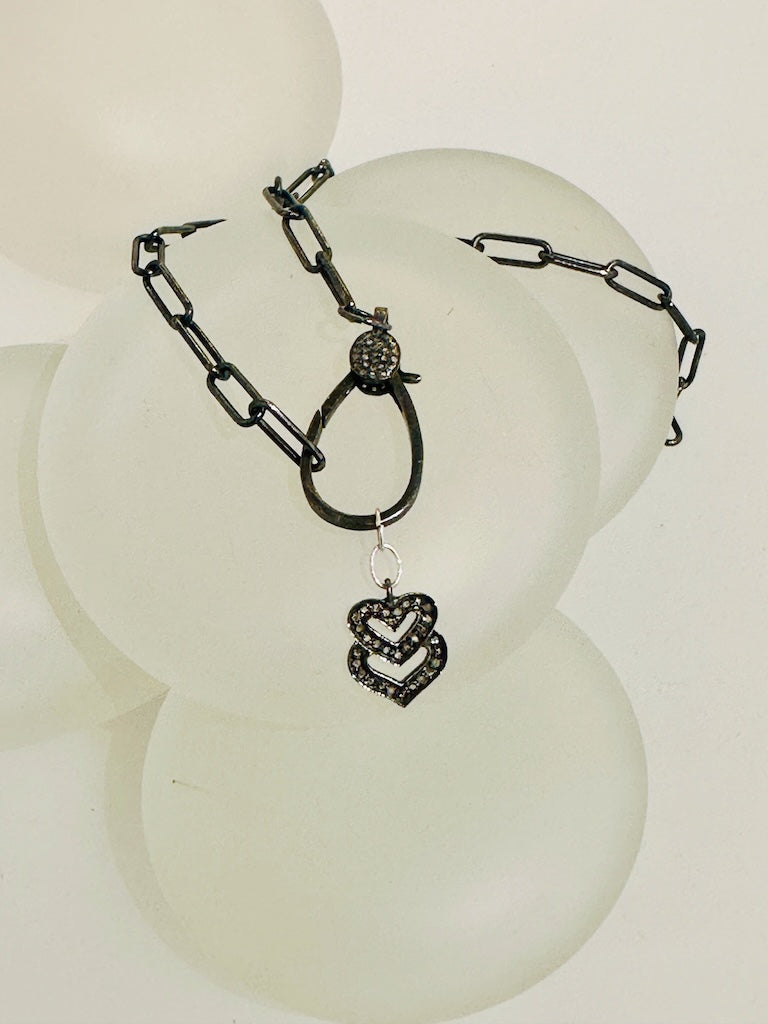OXIDIZED STERLING SILVER AND DIAMOND LARGE LOBSTER CLASP AND DOULBE HEART STATEMENT NECKLACE LCN2017