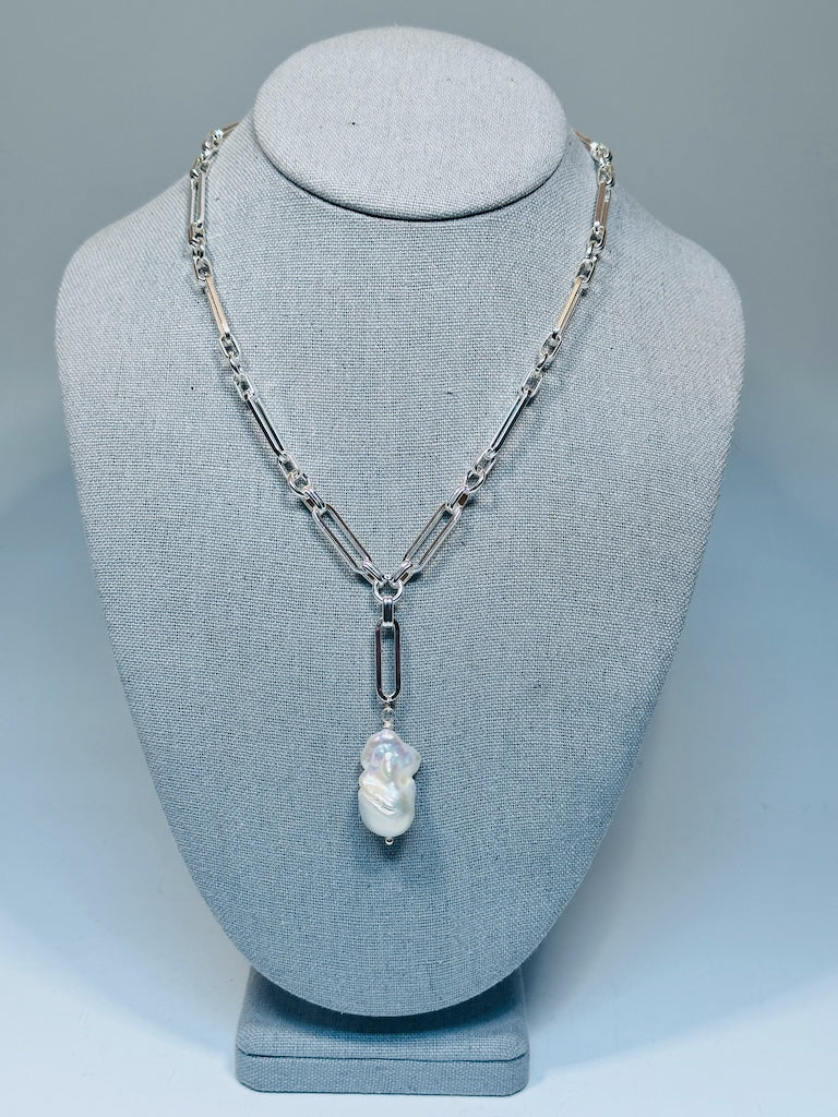 SILVER PAPER CLIP CHAIN AND FRESH WATER PEARL DROP NECKLACE LCN2019