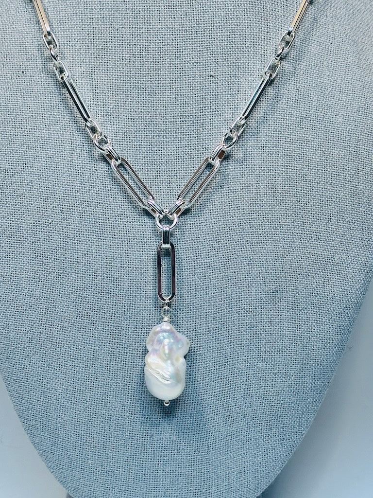 SILVER PAPER CLIP CHAIN AND FRESH WATER PEARL DROP NECKLACE LCN2019